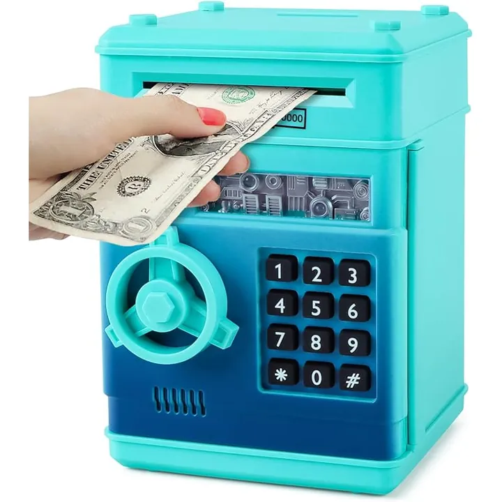 REFASY electronic piggy bank for kids in Aqua Blue – mini ATM money bank with password keypad
