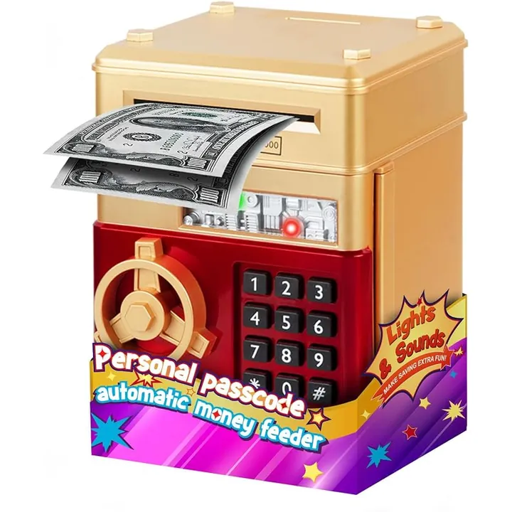 REFASY electronic piggy bank for kids in Gold & Red – mini ATM money bank with password keypad