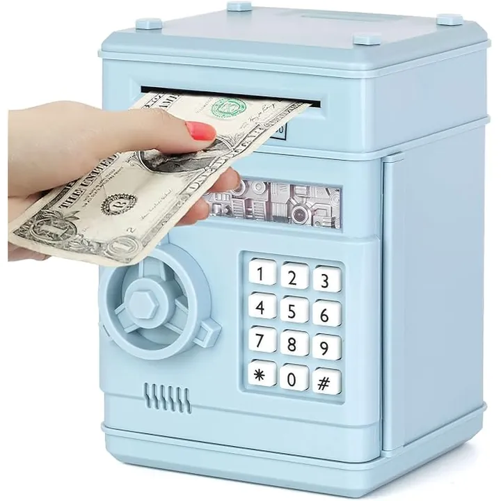 REFASY electronic piggy bank for kids in Light Blue – mini ATM money bank with password keypad