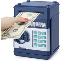 REFASY electronic piggy bank for kids in Navy & Silver – mini ATM money bank with password keypad