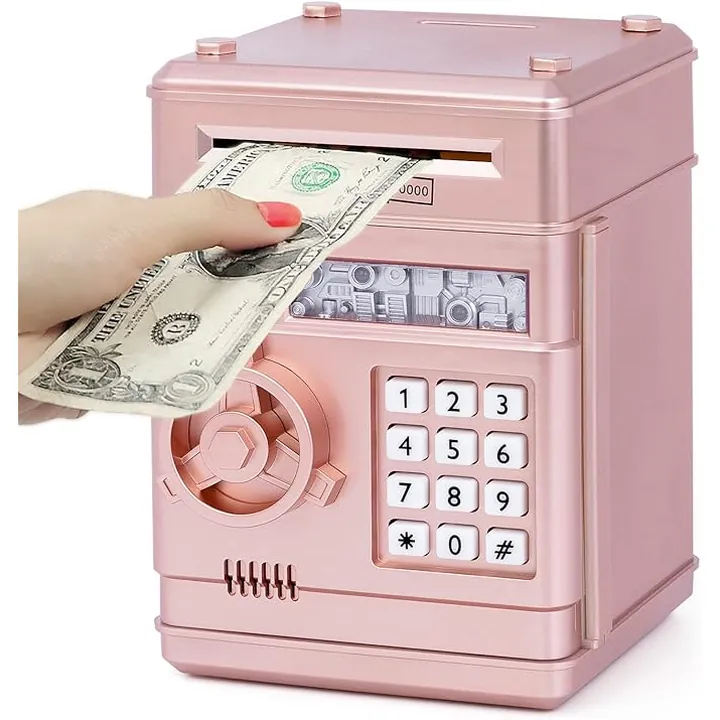 REFASY electronic piggy bank for kids in Rose Gold – mini ATM money bank with password keypad