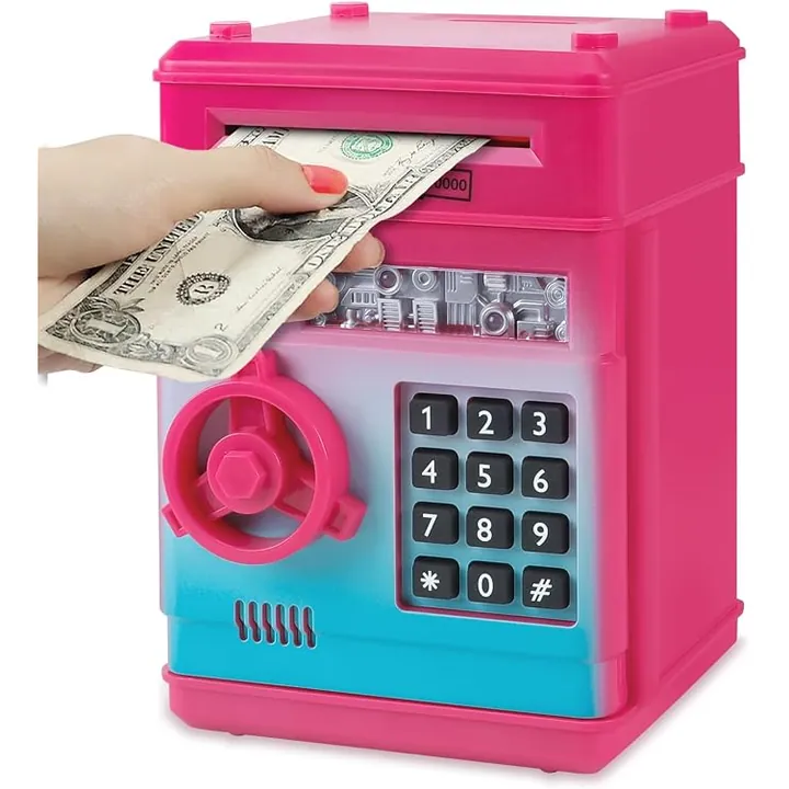 REFASY electronic piggy bank for kids in Rose Red – mini ATM money bank with password keypad