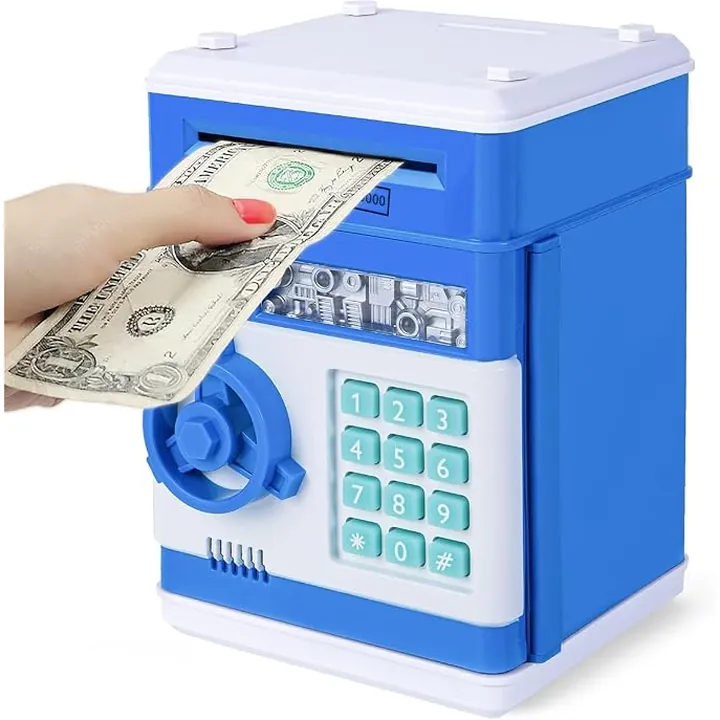 REFASY electronic piggy bank for kids in Royal Blue & White – mini ATM money bank with password keypad