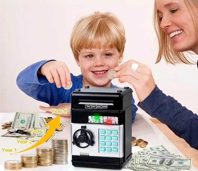 Child and parent putting coins into a REFASY electronic piggy bank to build saving habits