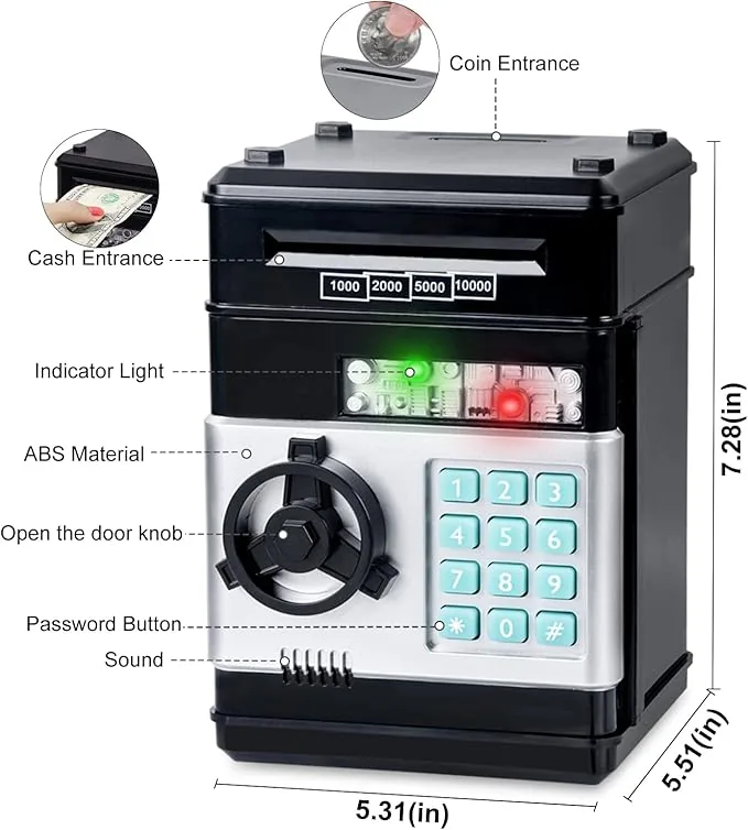 REFASY piggy bank diagram showing coin entrance, cash entrance, indicator light, door knob, keypad and 7.28 by 5.31 by 5.51 inch size