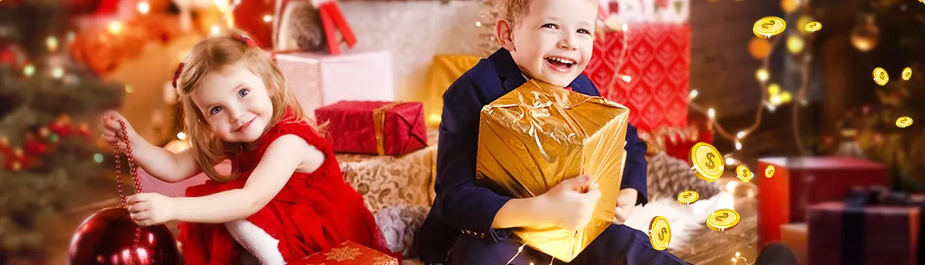 Happy kids opening holiday gifts with floating gold coins, a gift idea for a REFASY piggy bank