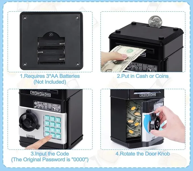 How to use the REFASY piggy bank: batteries, add cash or coins, enter code, turn knob