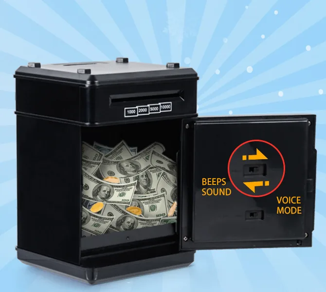 Open REFASY ATM piggy bank showing the door, saved cash and the beep and voice sound mode switch